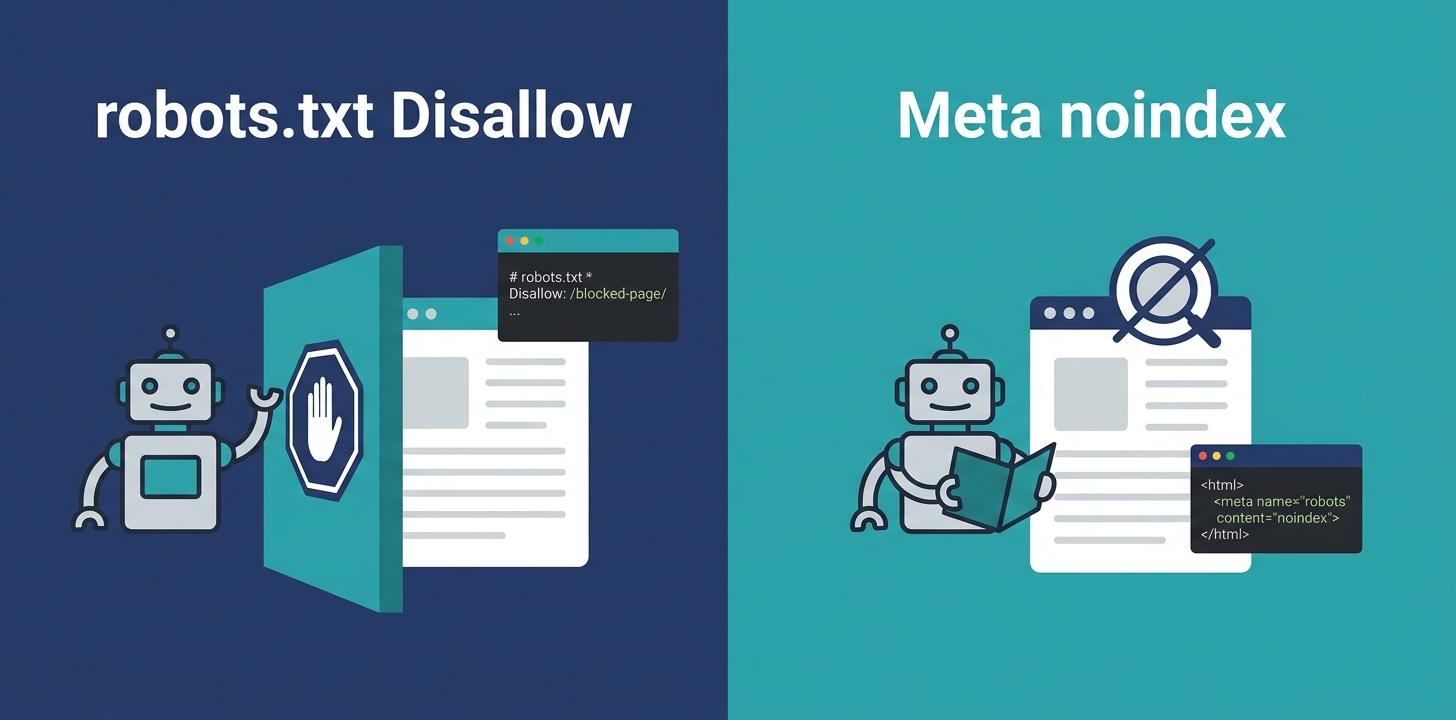 comparativa robots.txt Disallow vs meta noindex